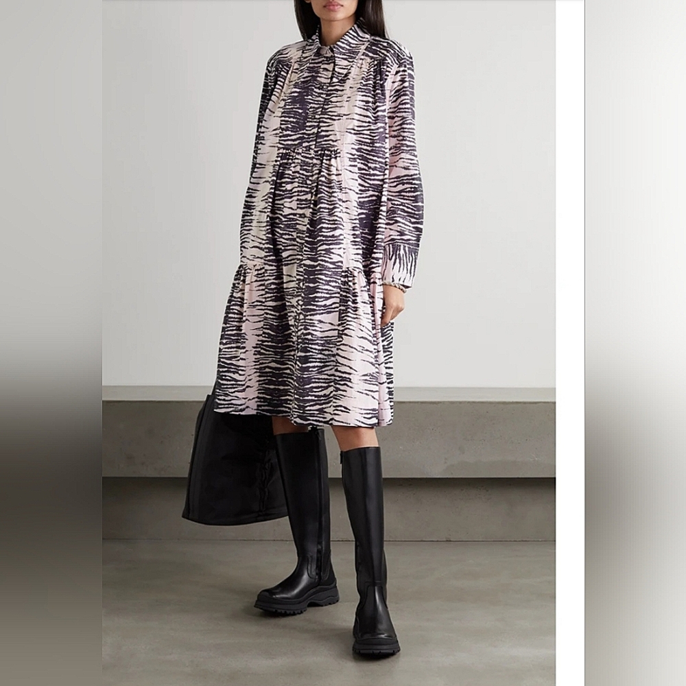 Ganni Tiger print tiered organic cotton poplin shirt dress (size 36)